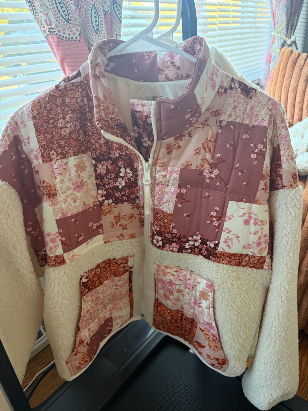 Altar'd State Patchwork Floral Sherpa Jacket in Blush and Cream